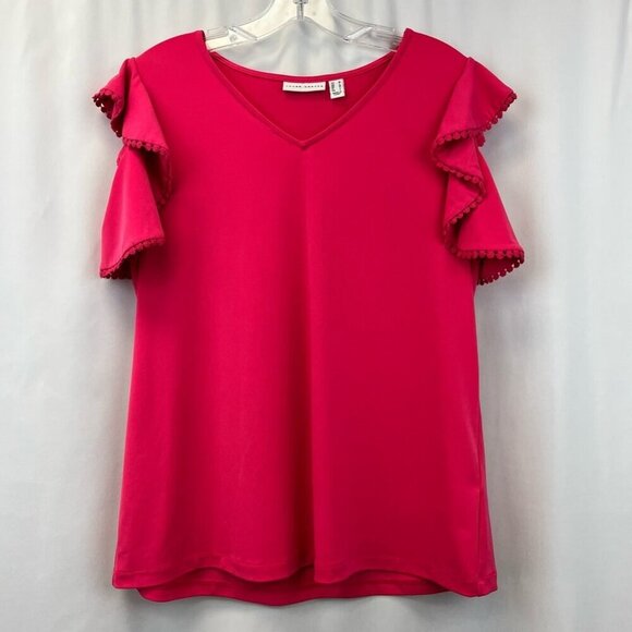 Susan Graver Womens Blouse Fuchsia Cap Sleeve Flutter V Neck Stretch Lace Trim M - Picture 1 of 10